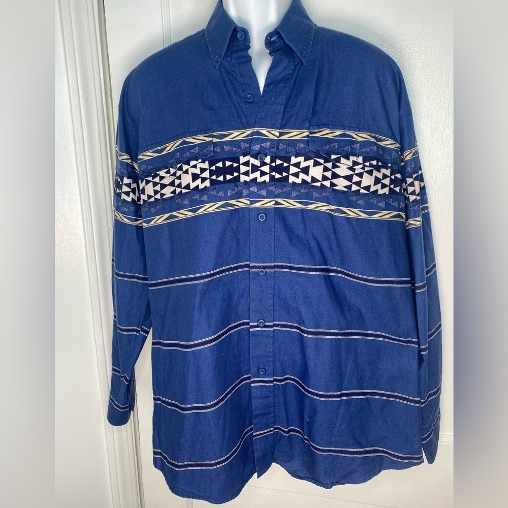 Vintage Y2K Roper Navy & White Geometric Mens Button-Up Western Cowboy Shirt